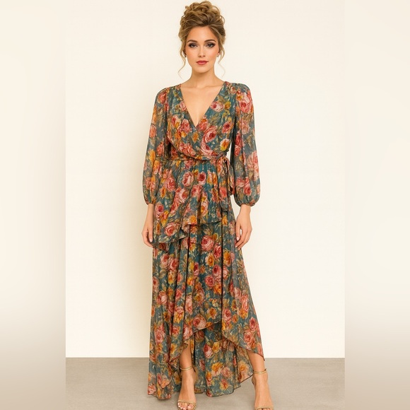 Olia Dresses & Skirts - Olia sold at Anthropology Floral Long Sleeve Tiered Ruffle Maxi Dress